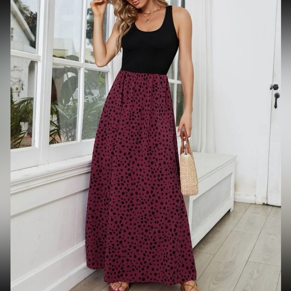 Boho Dalmatian print color block sleeveless maxi dress - Picture 13 of 15